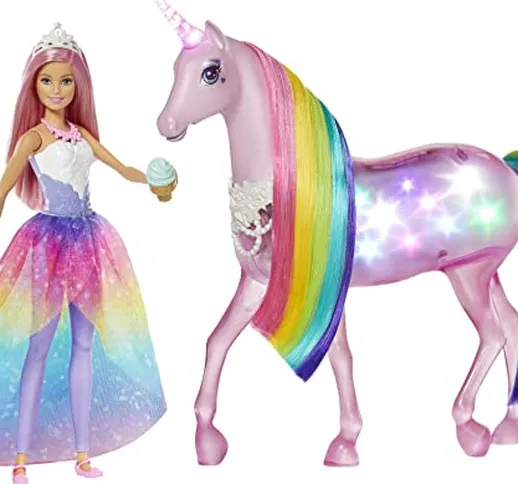 Barbie - Dreamtopia Bambola Barbie Pricipessa con Capelli Rosa e Unicorno Magico con Crini...