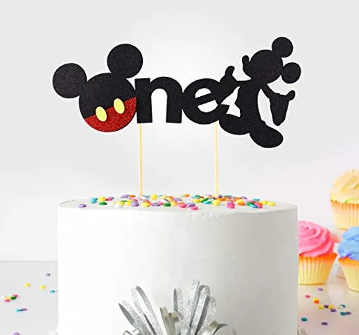 Decorazione per torta, per il primo compleanno. small (Topolino) – One – con glitter su en...