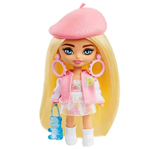 Barbie - Barbie Extra Mini Minis, bambola bionda con basco e giacca in stile college, bors...