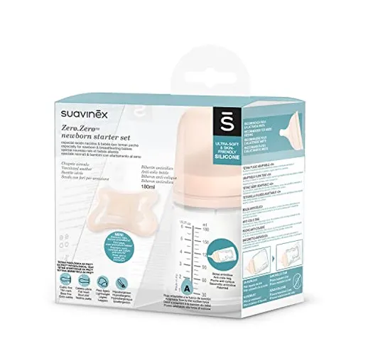 Suavinex ZeroZero Set Neonato con Biberon, 180 ml Flusso Adattabile + Mini Ciuccio per Bam...