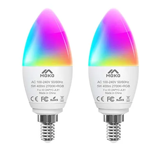 MoKo Lampadine LED Smart E14 5W Candela Intelligence WiFi, 2 Pezzi con Luce Multicolore di...