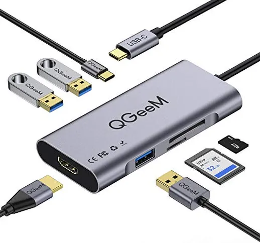 QGeeM Hub USB C Adattatore Multiporta 7 in 1 Adattatore da USB C a HDMI 4K, 100W di Alimen...