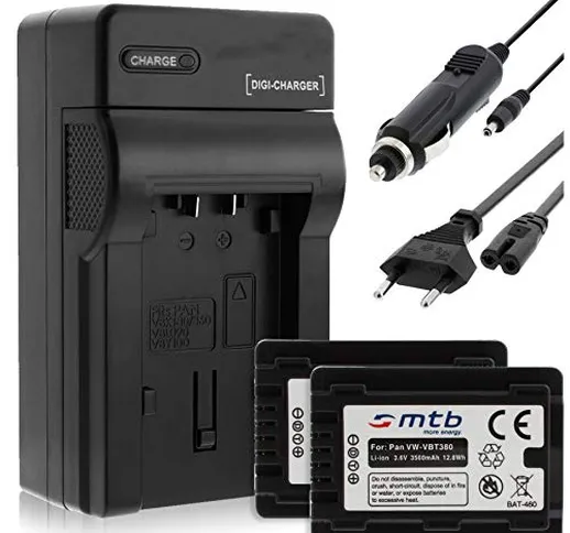 2 Batterie + Caricabatteria (Auto/Corrente) per VW-VBT380 / Panasonic HC-V130, V160, 270,...