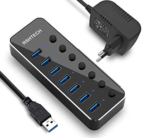 RSHTECH Hub USB attivo 3.0 con 15 W (5 V/3 A), alimentatore di rete in alluminio, 7 porte...