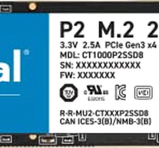 Crucial P2 CT1000P2SSD8 SSD Interno, 1TB, fino a 2400 MB/s, 3D NAND, NVMe, PCIe, M.2