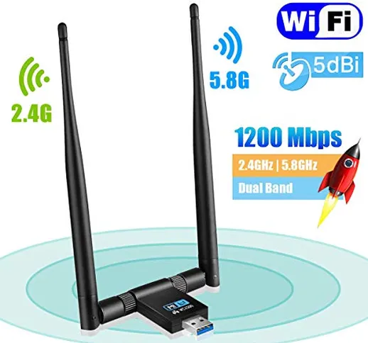 Adattatore WiFi USB - Maxesla AC 1200Mbps Chiavetta WiFi 5.8GHz / 2.4GHz Dual Bande WiFi D...