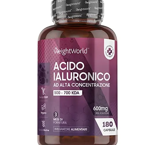Acido Ialuronico Puro 600mg Alto Dosaggio - 180 Acido Ialuronico Capsule Vegane (Scorta pe...