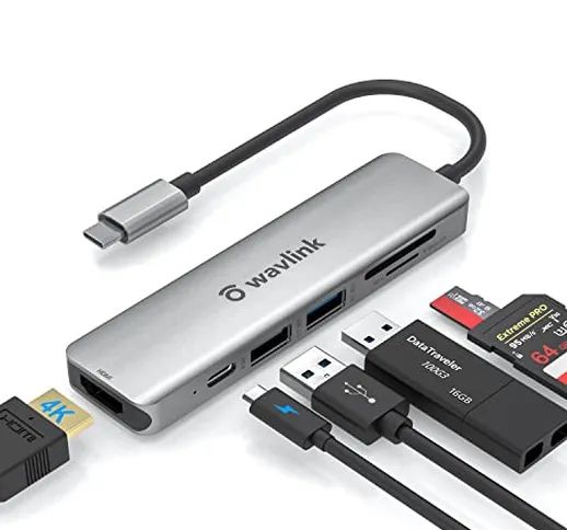 WAVLINK Hub USB C HDMI 4K, 6-in-1 Adattatore USB C Hub, con HDMI 4K 30Hz, USB 3.0, USB 2.0...