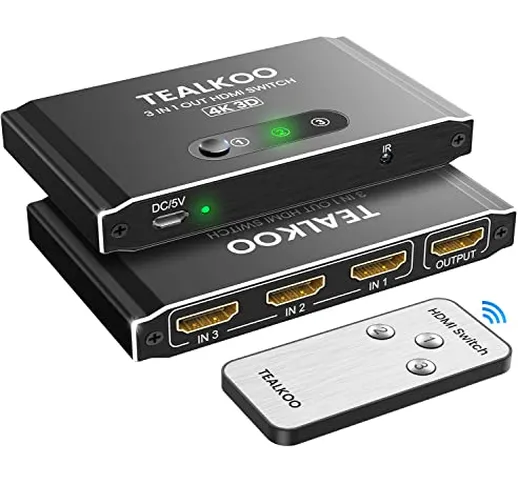 TealKoo Switch HDMI 3 In 1 Out con Telecomando, Sdoppiatore HDMI Supporta 4K 3D 1080p@60Hz...