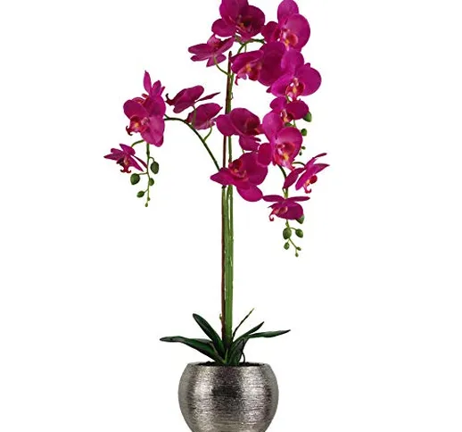 Foglia di orchidea artificiale, 70 cm, rosa scuro con vaso in ceramica argento, materiali...