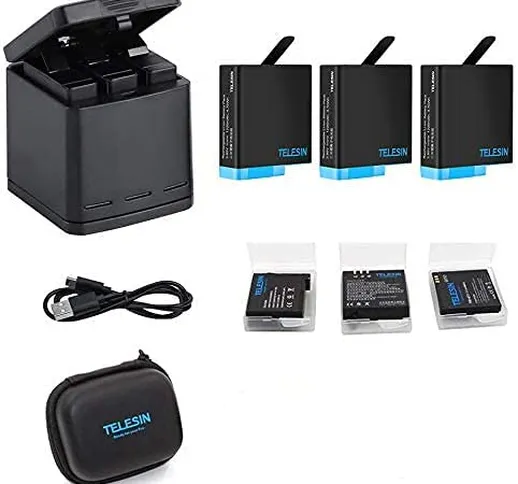 TELESIN Caricabatteria triplo per ricarica Caricabatteria+3 pacco batteria con custodie pe...