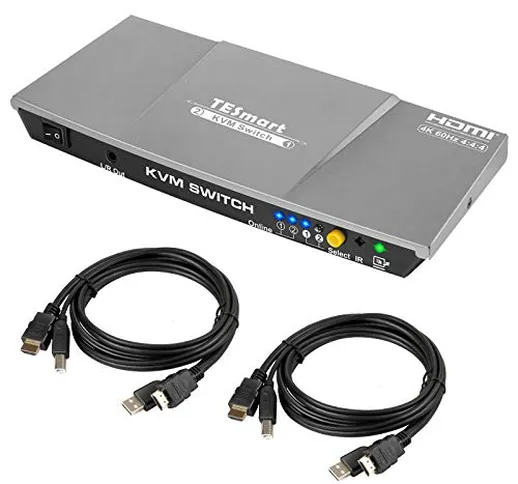 TESmart KVM Switch HDMI USB Commutatore a 2 Porte + 2 Cavi HDMI USB, 2 in 1, con Audio e H...