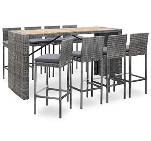 Goliraya Set da Bar da Giardino 7/9 pz in Legno Massello d'Acacia e Polyrattan Grigio,Set...