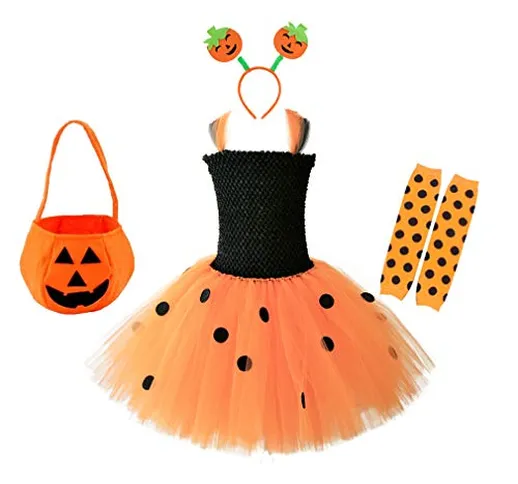 Vestito Zucca Bimba Cosplay Halloween Carnevale Bambina Abito Tulle tutù con Cerchietto pe...