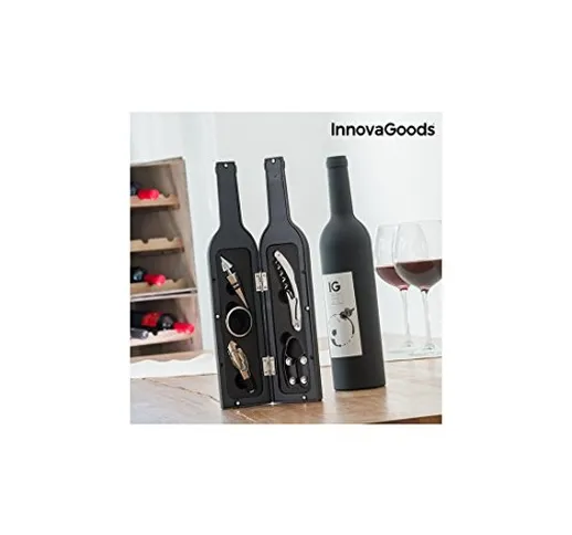 InnovaGoods, Cofanetto di Accessori per Vino a Forma di Bottiglia, Acciaio Inox, Nero, 7 x...