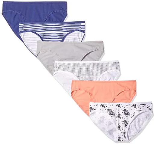 Amazon Essentials Cotton Stretch Bikini Panty, 6-Pack Slip, Multicolore (Coral/Floral/Navy...
