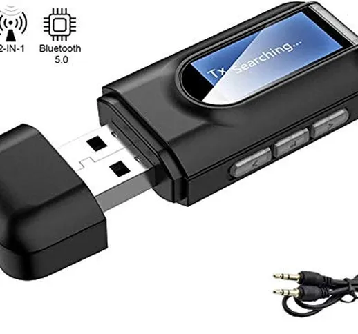 Adattatore Bluetooth USB 5.0, Mini LCD Display USB Trasmettitore Ricevitore Bluetooth 2 in...