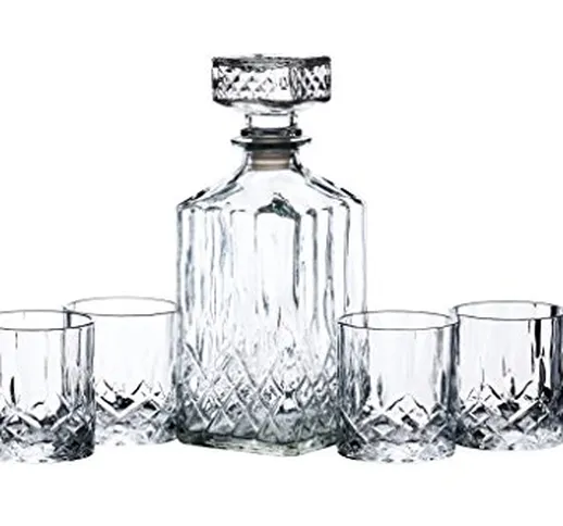 BarCraft Bottiglia Decanter da Whisky e Set di 4 Bicchieri in Vetro Intagliato, 26 cm x 10...