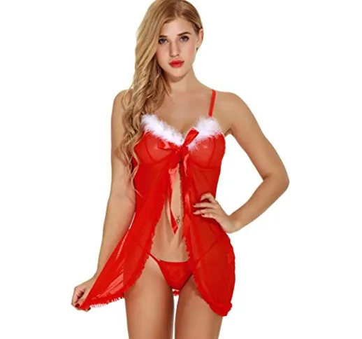 Hiroo Donne Babbo Biancheria Intima Bambolina Chemises Capestro Natale Rosso Set di Indume...