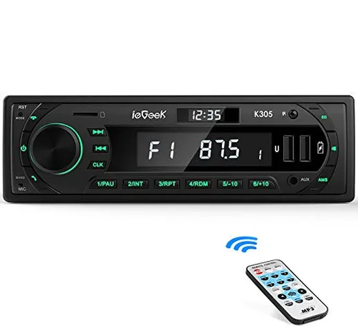 Autoradio Bluetooth Vivavoce RDS 1DIN, ieGeek Radio Stereo Luce dei Tasti a 7 Colori, 60WX...