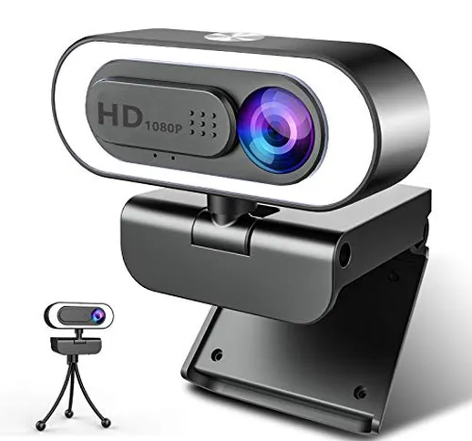 Webcam 1080P Full HD con Microfono, NIYPS Webcam per PC con Luce ad Anello e Treppiede Web...
