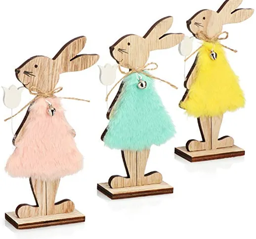 com-four® 3X Coniglietti pasquali da appoggiare in Legno - Figure Decorative per Pasqua -...