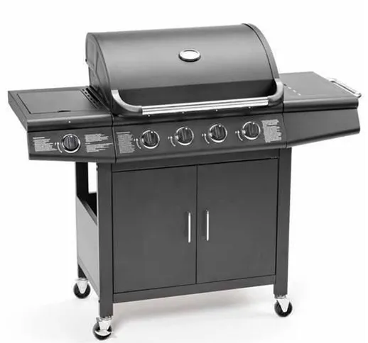 FirePlus™ - Barbecue con 4 + 1 fornelli a gas, con griglia, fornello laterale, colore: ner...