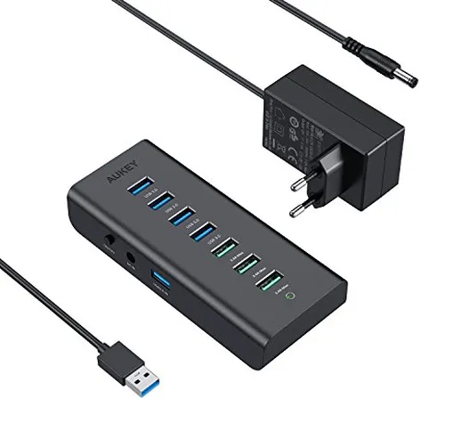 AUKEY Hub USB 4 Porte USB 3.0 e 3 Porte di Carica 2.4A con Adattatore d’Alimentazione 36W...