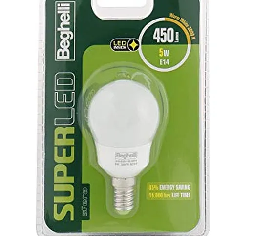 Beghelli Superled Sfera Lampadina LED, E14, 5W, Luce Calda, 3000°K, Bianca