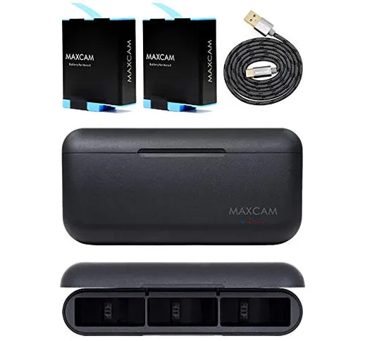 MAXCAM 2 batterie di ricambio e caricatore triplo per GoPro HERO 10/HERO 9 Black