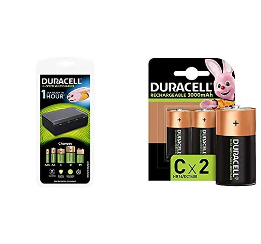 Duracell Caricabatterie da 1 Ora, 1 Conteggio & Rechargeable C 3000mAh, Batterie Mezza-Tor...