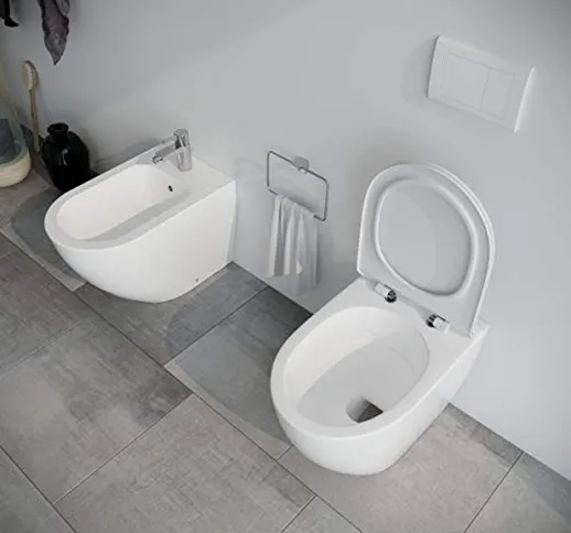 Sanitari bagno filomuro a terra RIMLESS Bidet e Vaso WC in ceramica con sedile coprivaso s...