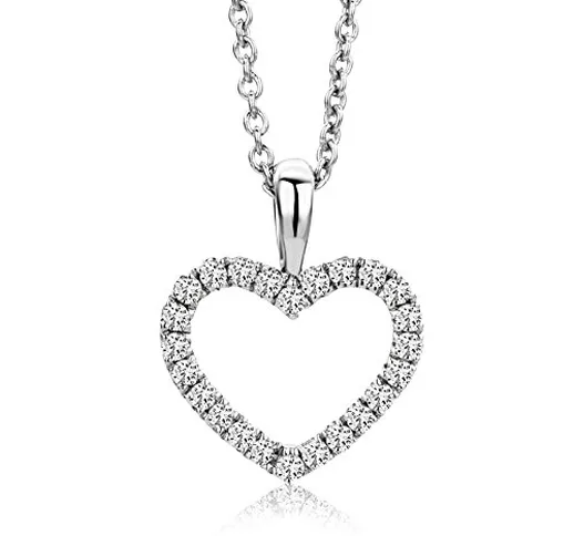 Miore Collana - Ciondolo Donna Cuore Oro Bianco 9 Kt / 375 Diamanti 0,12 ct Catena 45 cm,...