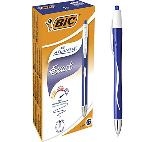 Bic AtlantisExact Penna a Scatto, Punta ad Ago da 0,7 mm, Confezione da 12 Pezzi Colore Bl...