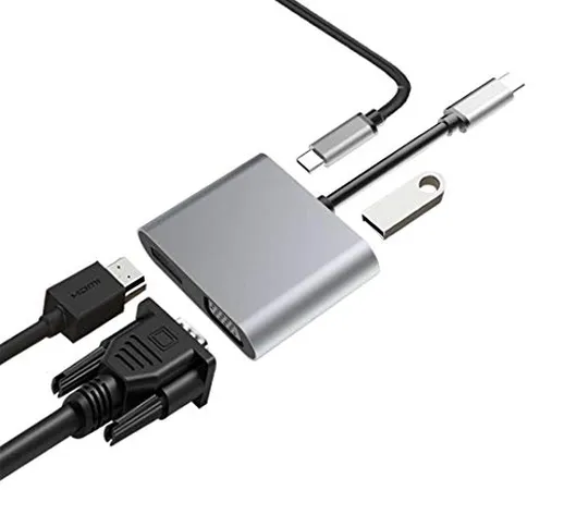 CHAIN PEAK 4 in 1 Type C Hub USB, Doppio Schermo, da USB C a 4K HDMI, Adattatore VGA e Ric...