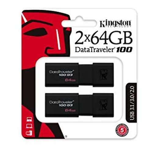 Kingston DataTraveler 100 G3-DT100G3/64GB-2P, USB 3.0, PenDrive, 64 GB, 2 Pezzi, Nero