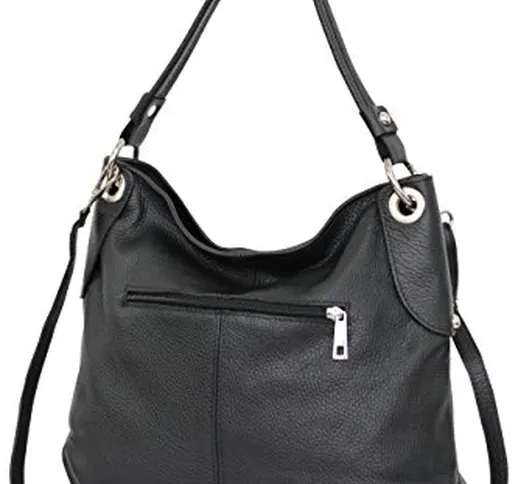 Ambra Moda GL012 - Borsa a tracolla da donna in vera pelle, Nero (Nero ), Large