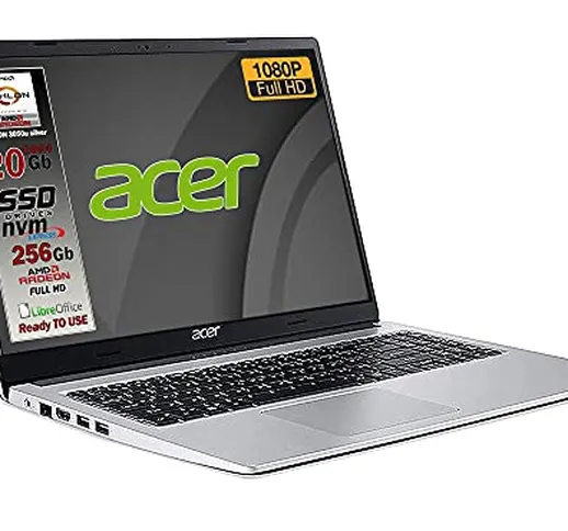 Acer aspire SSD Silver New Athlon 3050u, ram 20 GB ddr4, SSD M.2 pci da 256Gb, Display Ful...