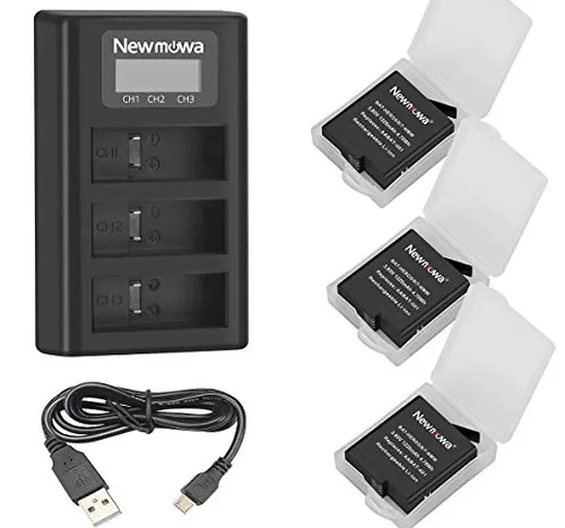 Newmowa Batteria (confezione da 3) e caricabatterie 3 canali USB intelligente per Gopro He...