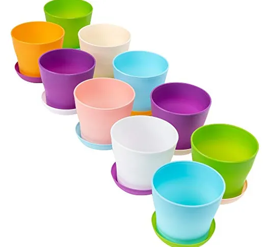 Set di 10 vasi per Piante in plastica, Colori Pastello Assortiti da 10 cm - Include vasche...