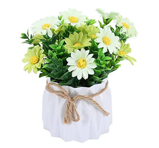 DWANCE 1PZ Margherite Artificiali Fiori Artificiali con Mini Vaso Fiori Finti Bianco e Ver...