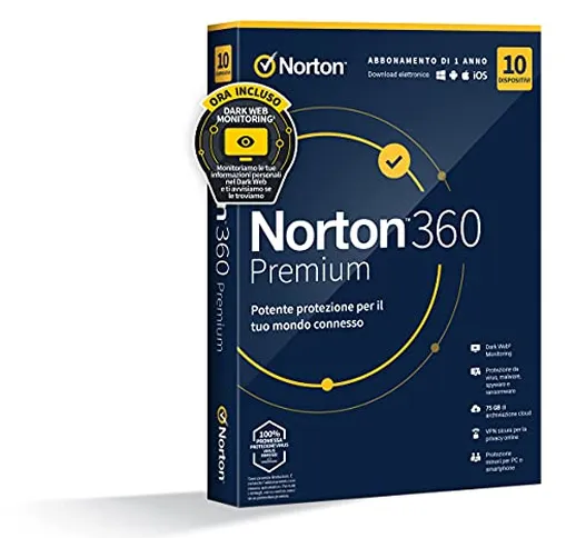Norton 360 Premium 2021, Antivirus per 10 Dispositivi, Licenza di 1 anno, Secure VPN e Pas...