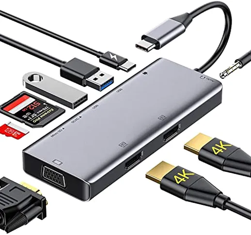 Adattatore USB C Hub 9 in 1 Dual HDMI MacBook con 2 HDMI 4K, VGA, USB 3.0, USB-C PDP, audi...