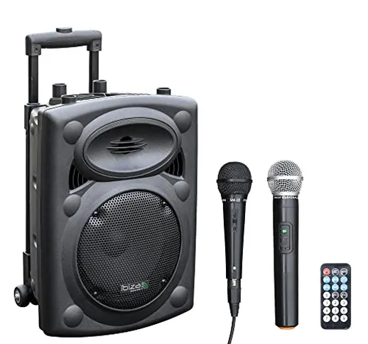 Ibiza - PORT8VHF-BT - Altoparlante portatile da 8"/400W MAX con 2 microfoni (cablati e VHF...