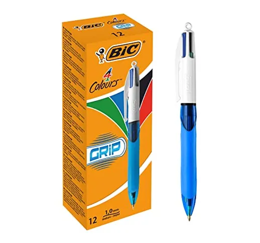 Bic 4 Colours Grip Penna a Scatto, Punta Media da 1,0 mm, 4 Colori di Inchiostro, Confezio...