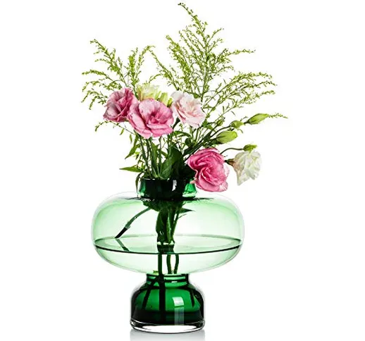 Glasseam Vaso di Vetro per Fiori, Vaso d'Arte Verde Moderno Vaso a Collo Stretto per La De...