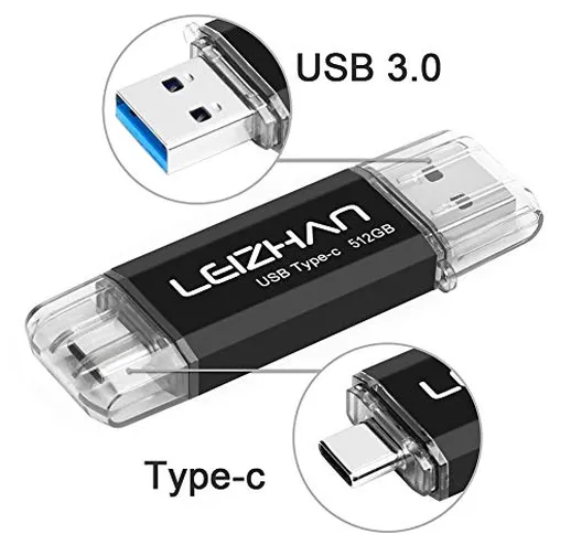 LEIZHAN Type C USB Flash Drive 512GB OTG(On the Go) 2 in 1 USB 3.0 & Type-C Flash Drive Pe...