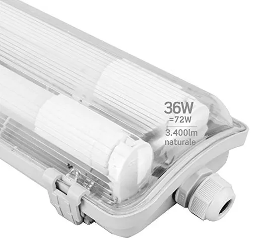 1x Plafoniera LED a 2 Tubi 120cm Impermeabile IP65 36W Trasparente 3400 lumen - Luce Bianc...