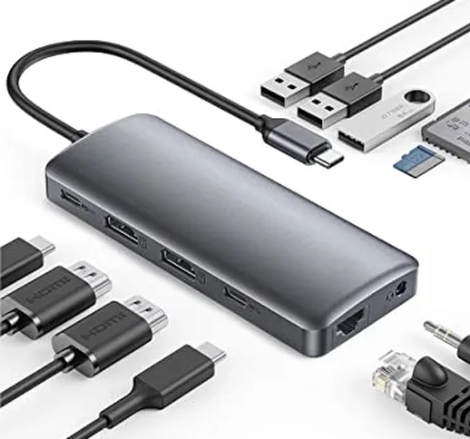 Hub USB C Ethernet-11 in 1 Adattatore USB C con doppio HDMI 4K, 4 porte USB, Ricarica PD d...