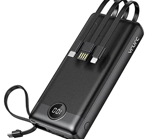 VRURC Power Bank 20000mAh USB C con cavi integrati,caricatore portatile 22.5W QC 3.0 & PD...